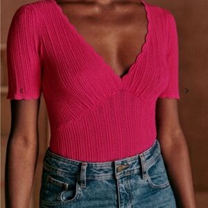 Sezane Fuchsia Scalloped V-Neck Bodysuit